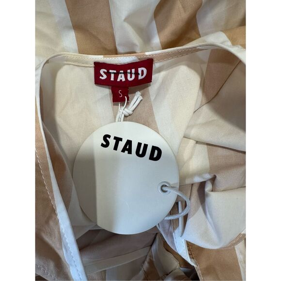 NWT Staud Marlowe Striped Halter Tie Neck Sleeveless Midi Dress Tan White Small - Picture 10 of 10